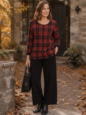 HABITAT RED TARTAN PLAID FRINGE PULLOVER SHIRT TOP SZ L